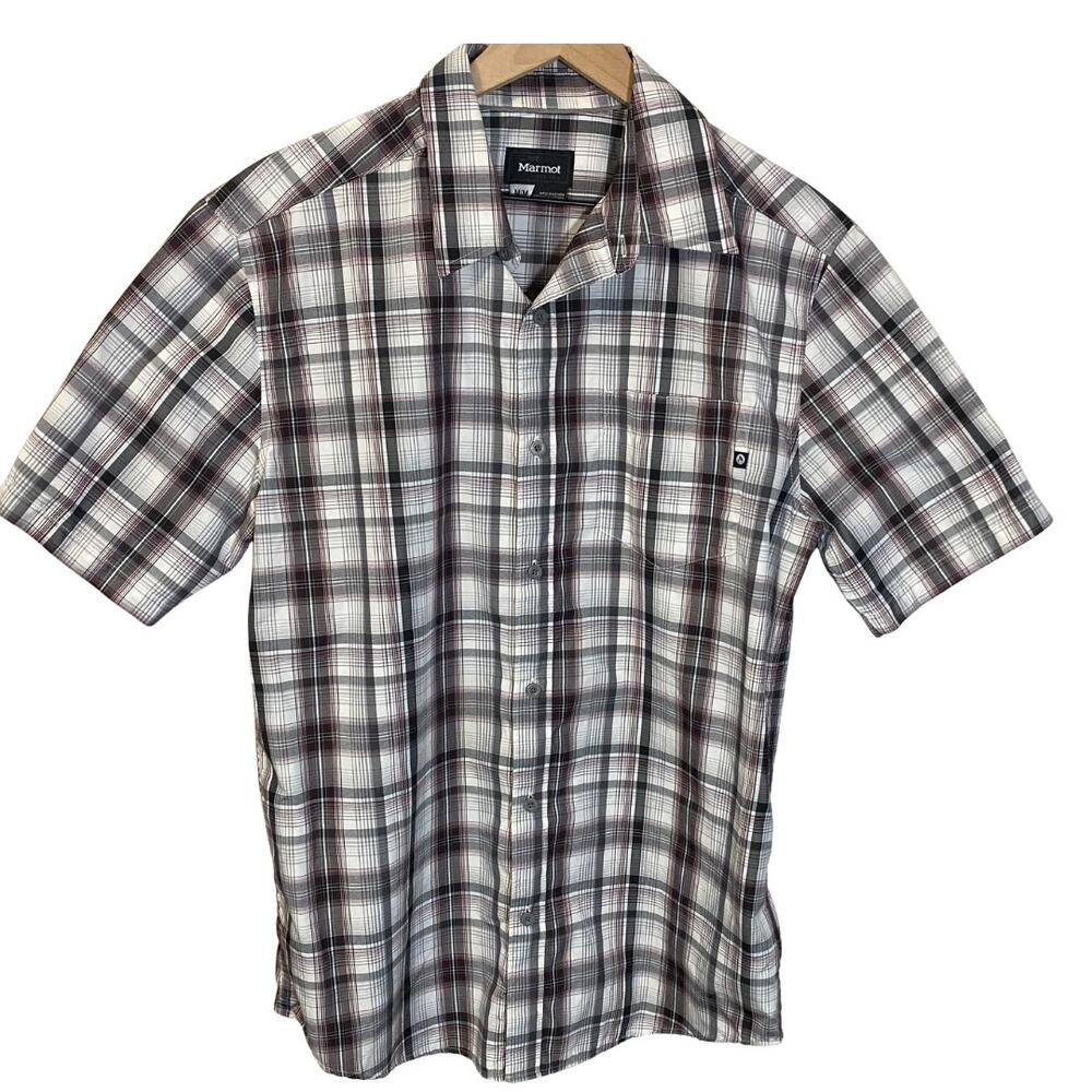 Marmot Plaid Short Sleeve Button Front Checkered Shirt Black White Maroon Sz M